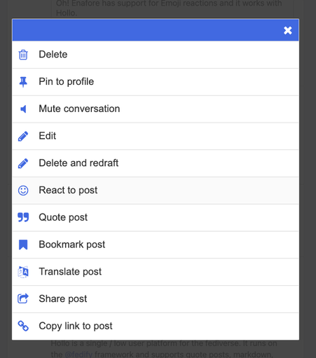A large menu showing React to post among other actions.
